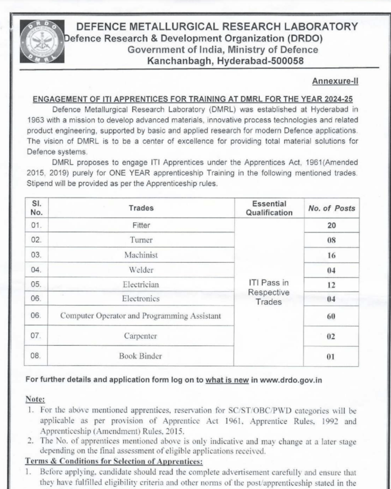 Drdo Dmrl 127 Iti Apprentice Recruitment 2024 Online Apply Link Out 31st May 